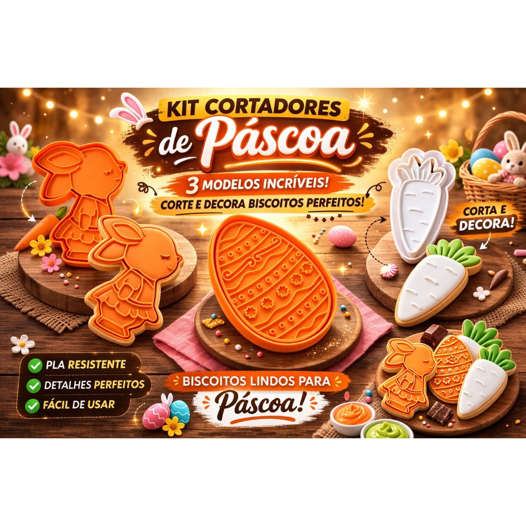 Kit Cortador de Biscoito Páscoa 3 Peças Coelho Ovo Cenoura Confeitaria - Cortadores Personalizados