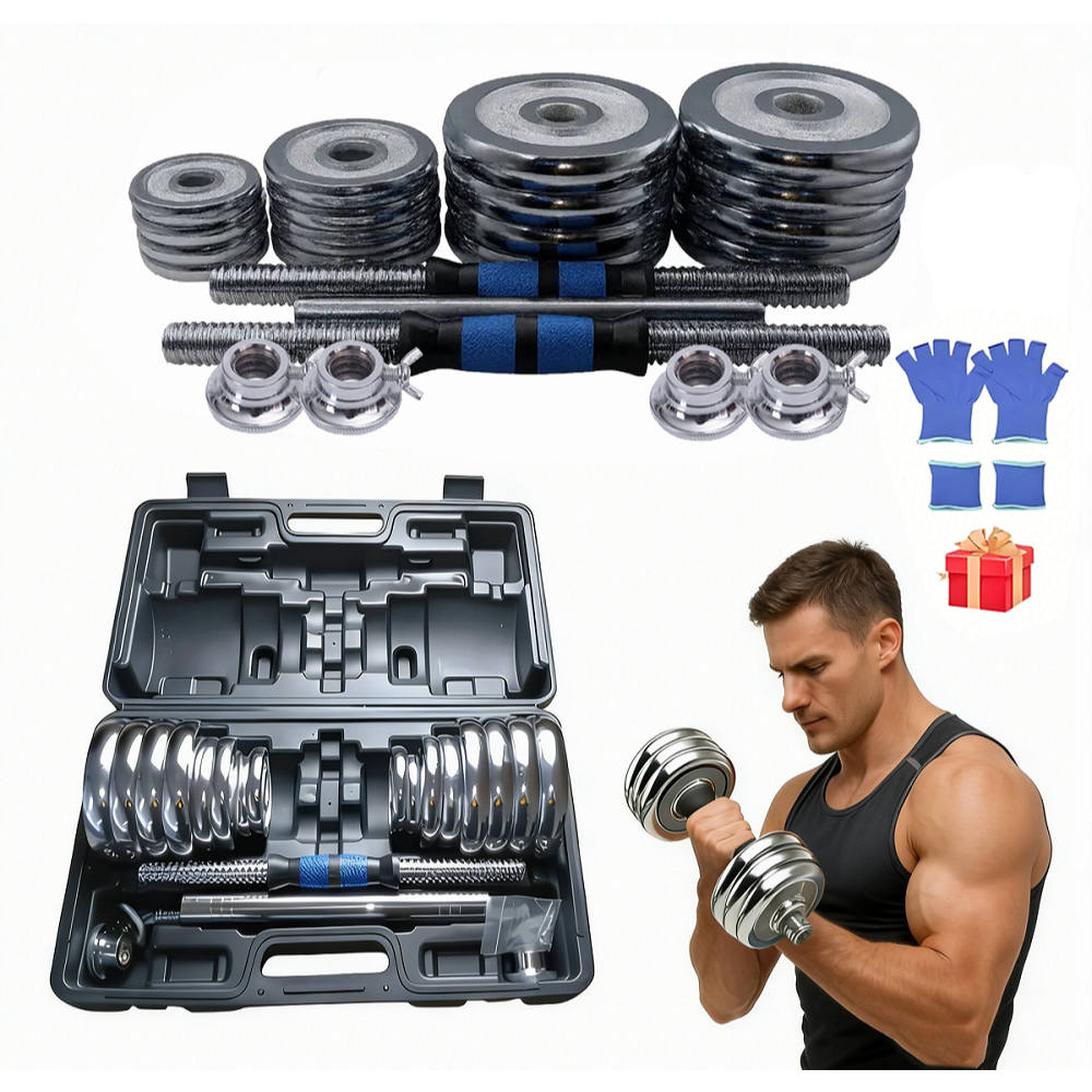 HARDBULL Kit Halteres 30kg 20kg 15kg Cromado Com Maleta E Barra Extensora