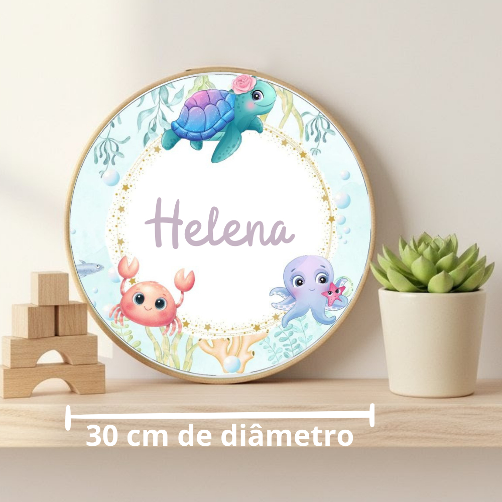 Quadro Bastidor Porta Maternidade Tartaruga Fundo do Mar Nome Personalizado 30cm Quarto Bebê Menina Feminino
