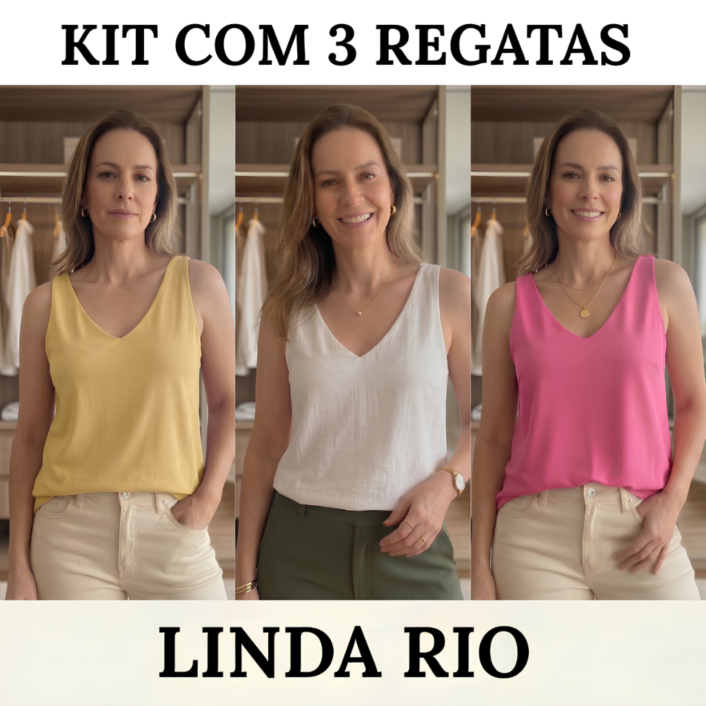 Kit 3 Blusa Regata Feminina Alça Larga Soltinha Elegante Decote V Tecido Duna Estilosa