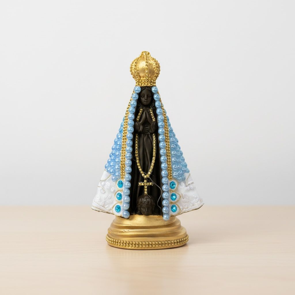 Imagem Nossa Senhora Aparecida Perola Azul Marrom Trabalhada 23cm