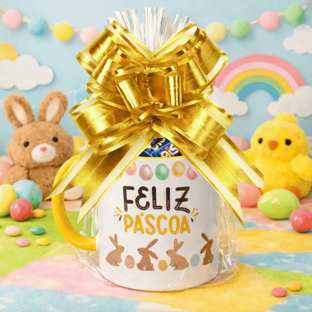 Kit Cesta Presente de Páscoa com Chocolate Bis Personalizado – Caneca + Bombons + Laço