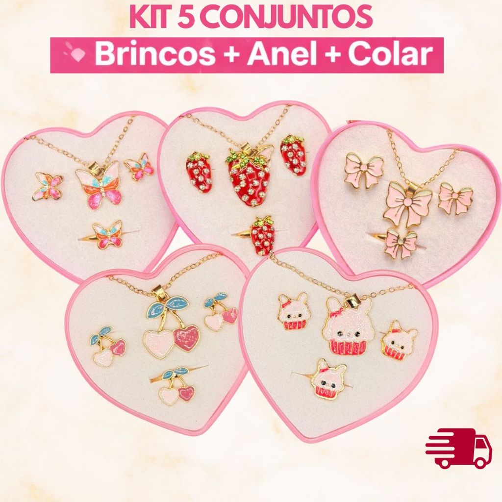 5 Conjuntos Infantil Menina Colar + Brinco + Anel | Kit Presente Criança | Bijuteria Infantil