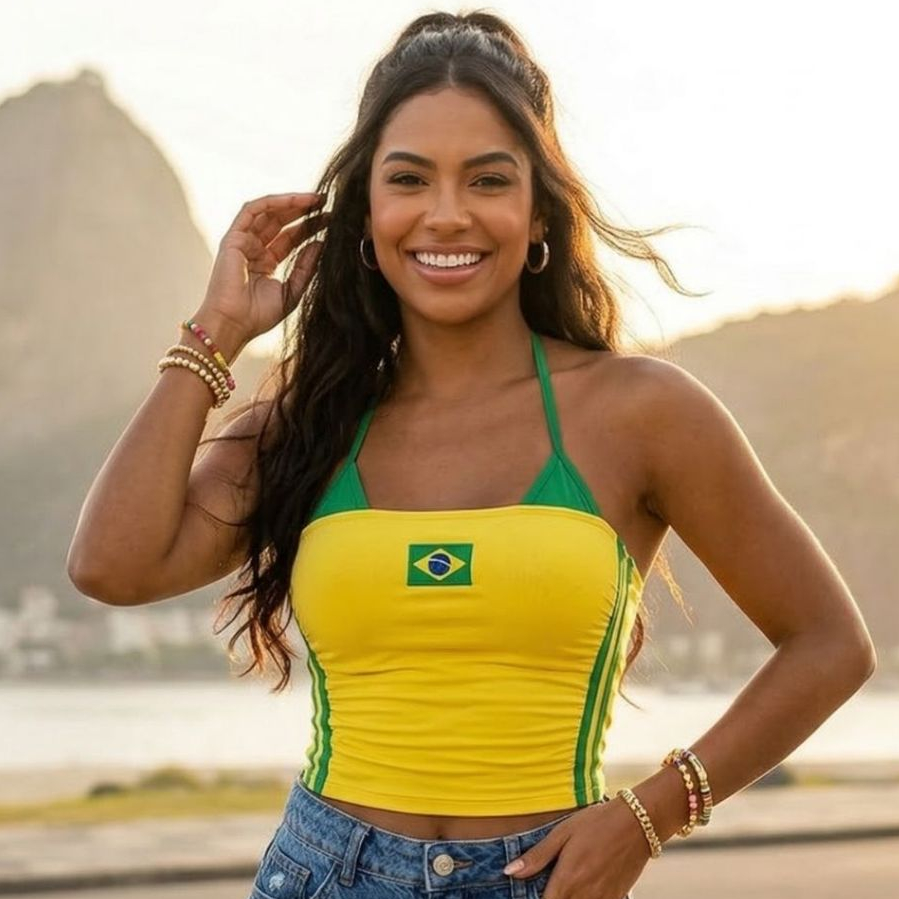 Top Cropped Brazilcore Bandeira do Brasil Feminino Blusa Amarela com Listras Laterais Estilo Gringa Y2K Blogueira Verão