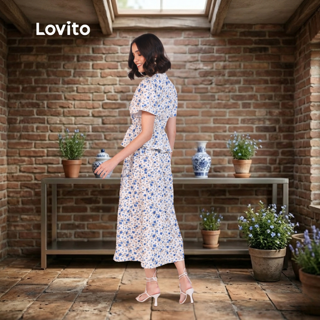 Lovito Blusa Floral Elegante Manga Bufante Curta Decote C com Transpasse Moda Feminina f BLB16281658