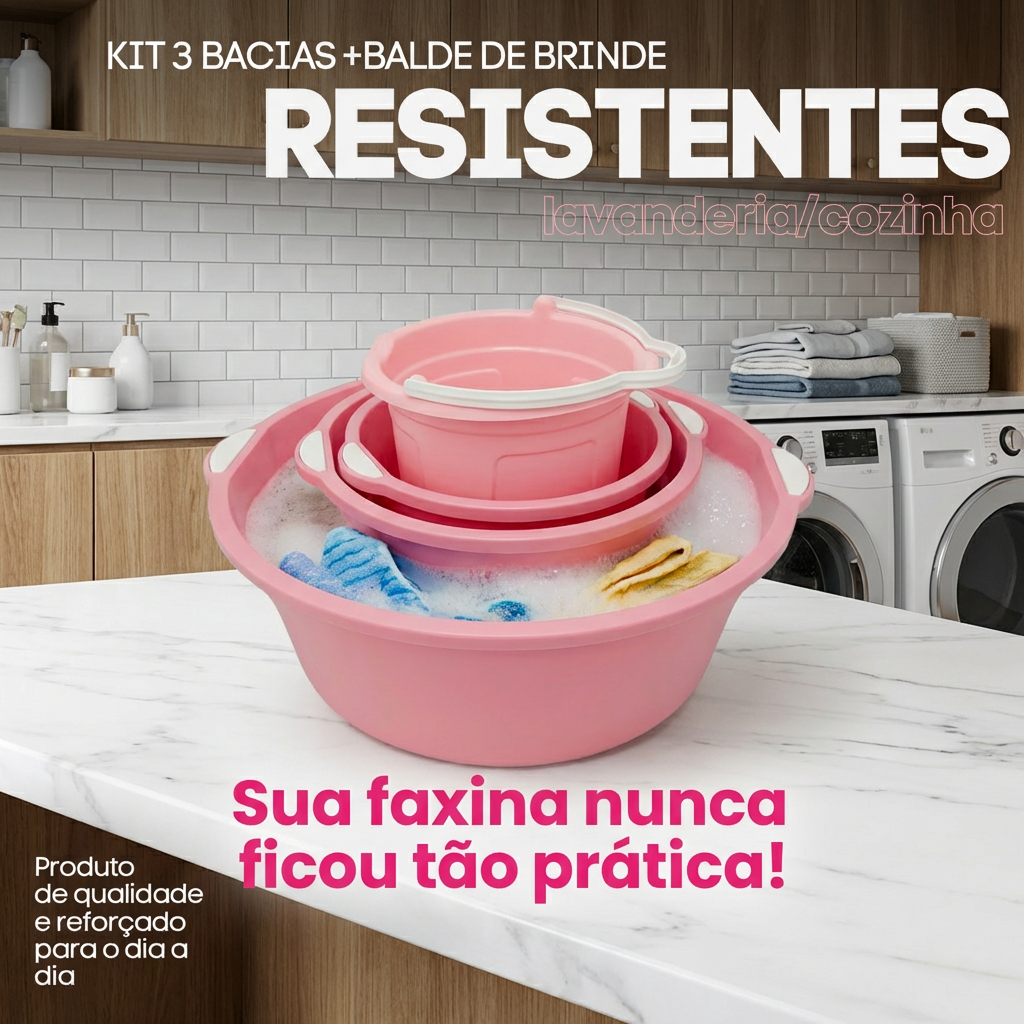 Bacia Lavandeira Roupas Cozinha Plástico Resistente Balde Com Alça
