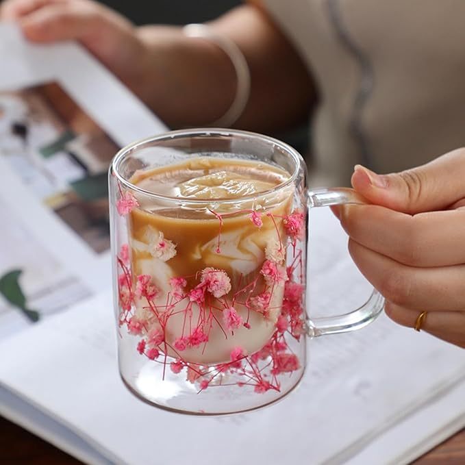 Detalhes do Caneca Parede Dupla de Vidro Borossilicato com Detalhes de Flores Secas Colors 110ml Resistente Ao Calor