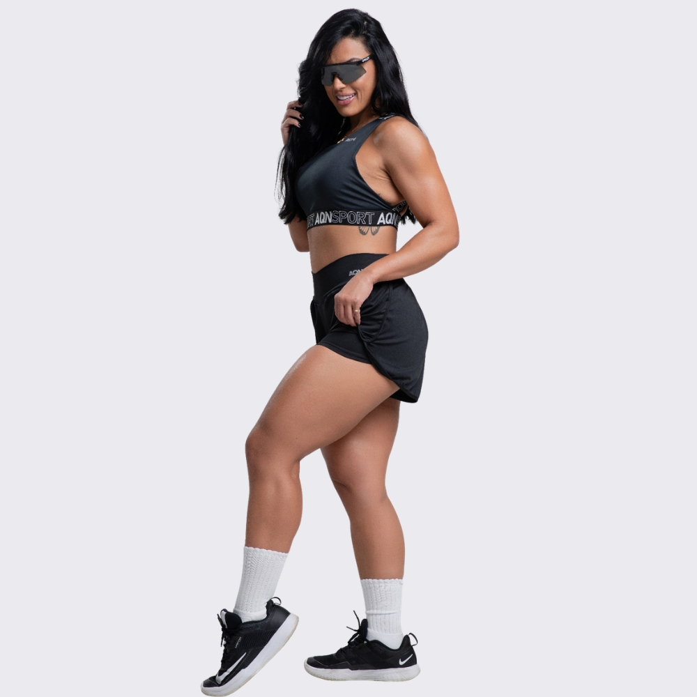 Conjunto Versatily Beach Tennis Alça e Elástico Preto Fitness Academia Casual Corrida Yoga AQN SPORT