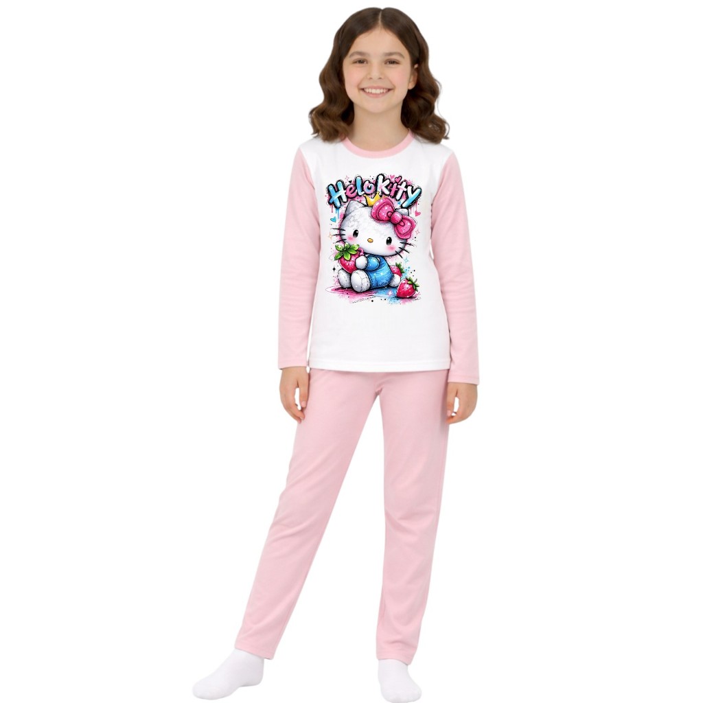 Pijama longo femenino infantil malha pp moda frio