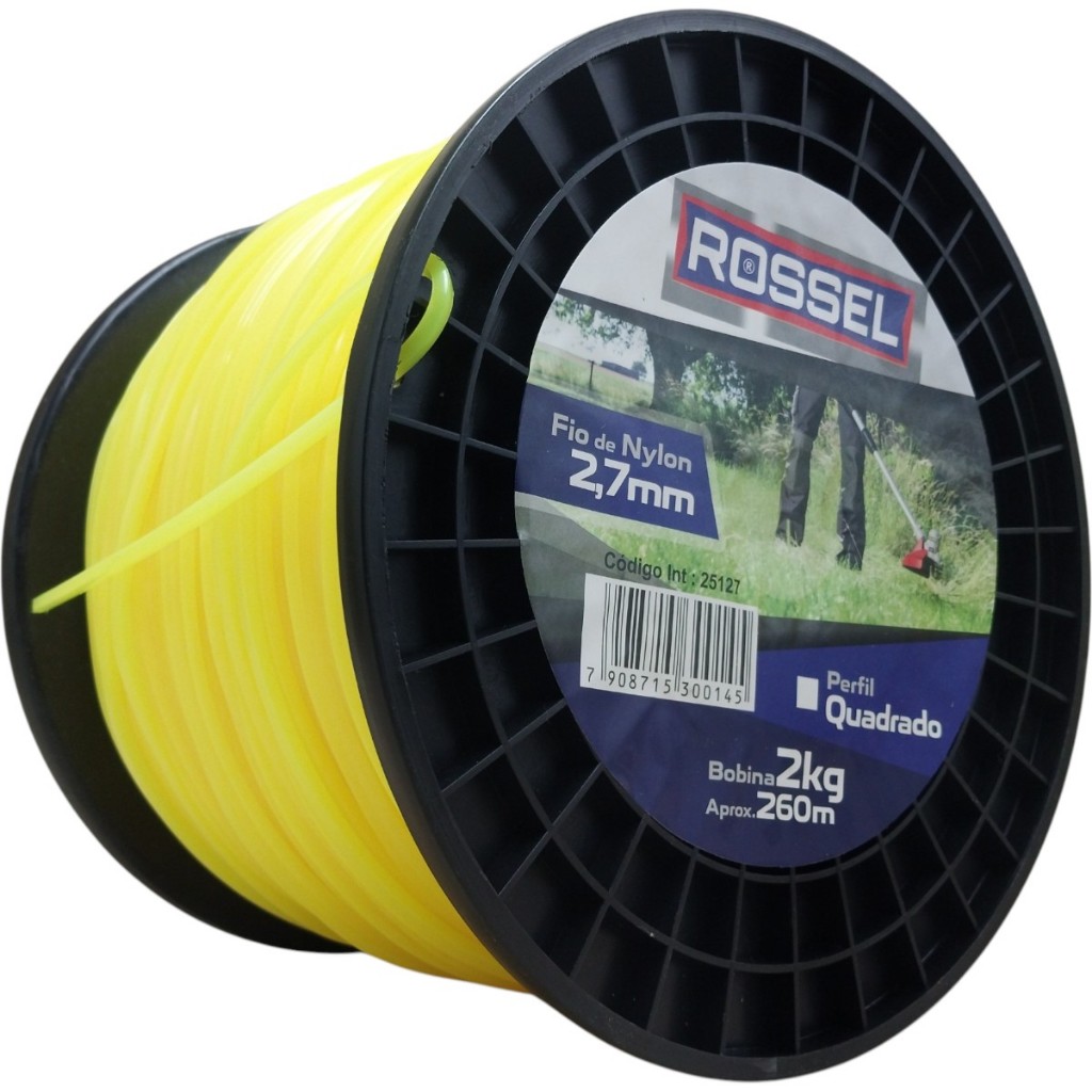 Bobina Rolo Fio de Nylon 2.7mm Quadrado 260metros 2kg Rossel para Roçadeira