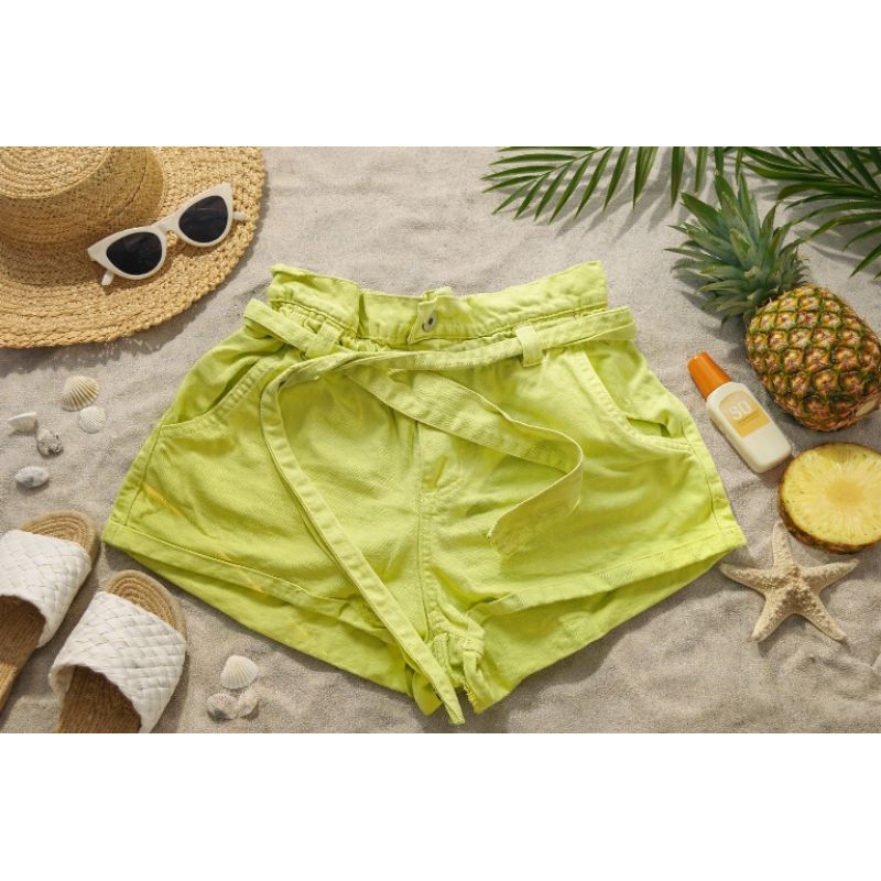 Shorts Feminino Angie Verde Neon Cintura Alta Com Amarração Algodão Casual Verão Tamanho 36