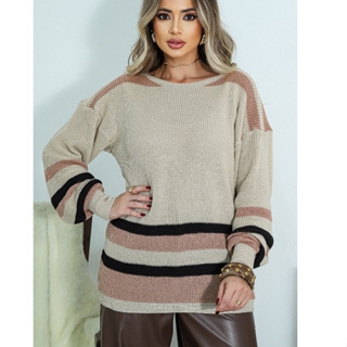 Blusa de Tricot Feminina Oversized Ampla Manga Longa Inverno Listrada Básica Blusão Inverno em Oferta na Shopee