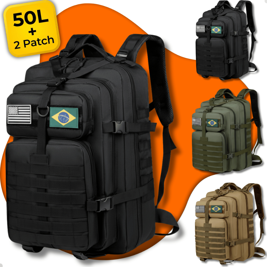 Mochila Tatica Militar 50 Litros Impermeavel Reforcada Camping Trilha Viagem Notebook Masculina Grande Com Bandeira