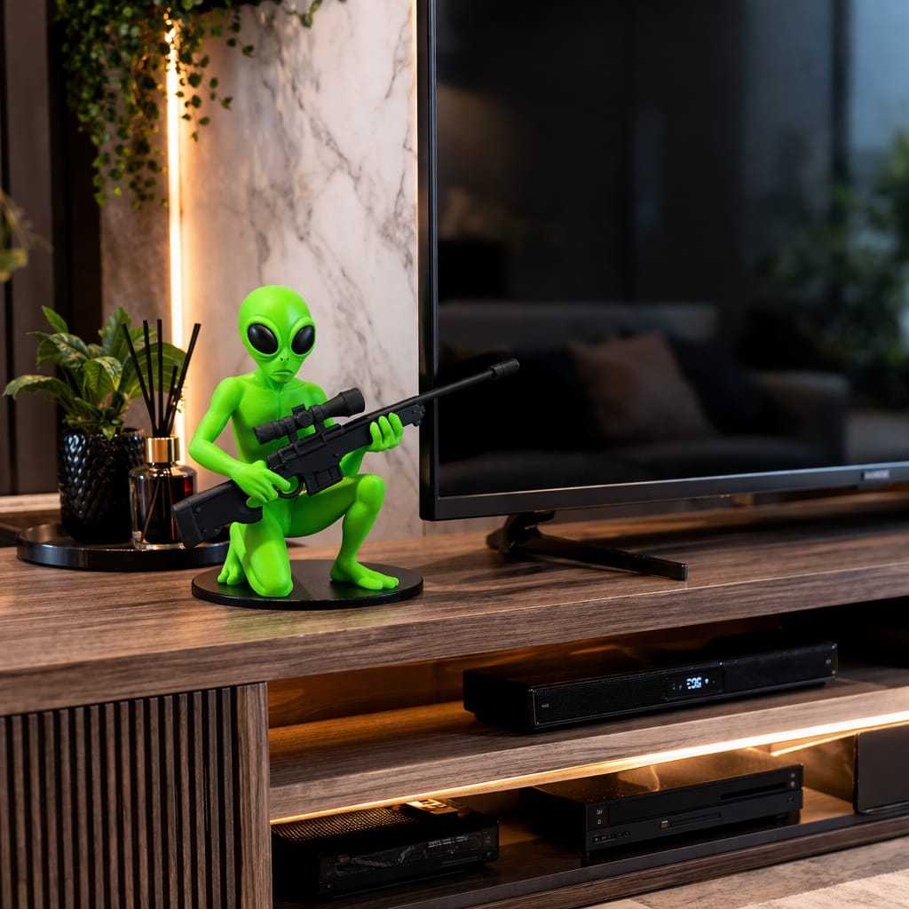 ET Verde com AWM para Painel Boneco Alien com Rifle Enfeite Geek Decoração Diferenciada