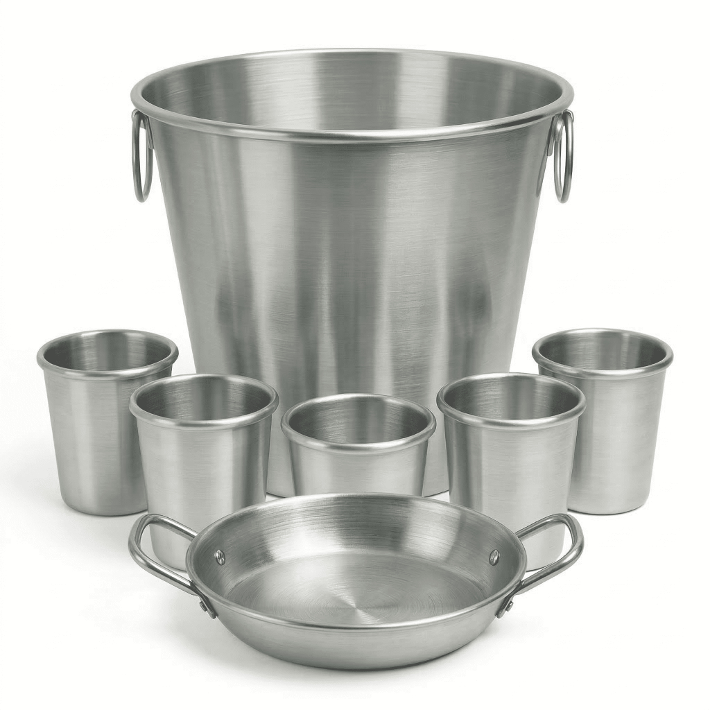 Balde Gelo Alumínio 3 LITROS + Mini Petisqueira/ Pergaminho + 5 Copos de alumínio escovado 200 ml
