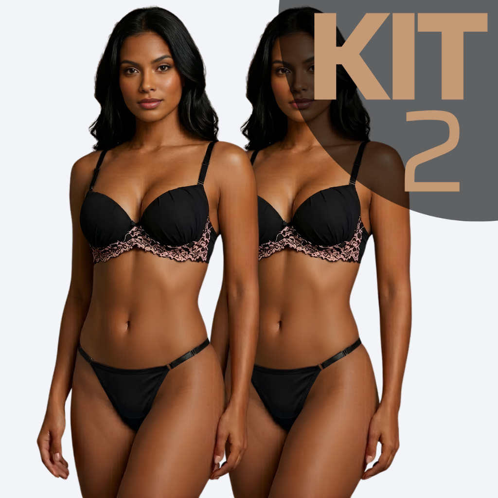 KIT 2 Conjunto Com Bojo Lingerie Feminina Renda Bicolor Bojo Sustentação Calcinha Fio em Oferta na Shopee