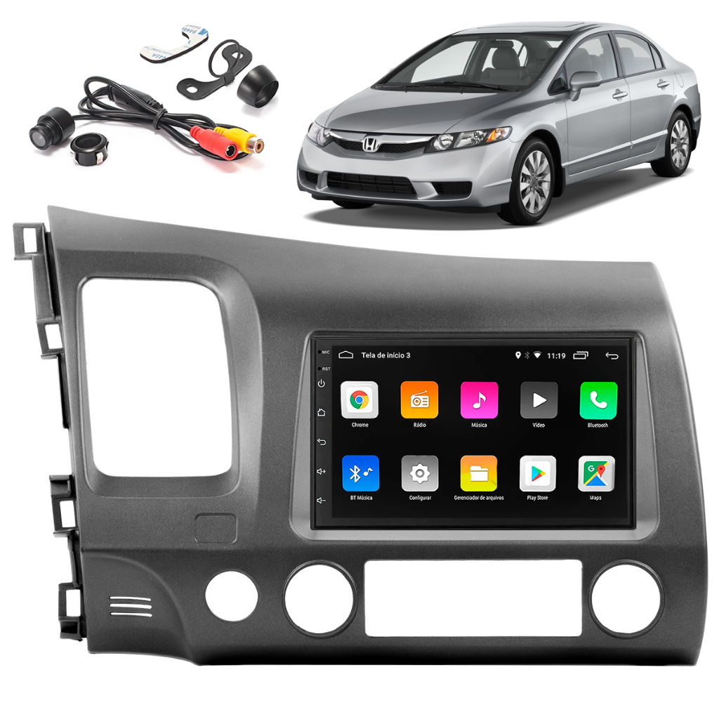 KIT MULTIMÍDIA ANDROID CARPLAY SEM FIO P/ HONDA CIVIC 2007 2008 2009 2010 2011 MOLDURA 7 POLEGADAS