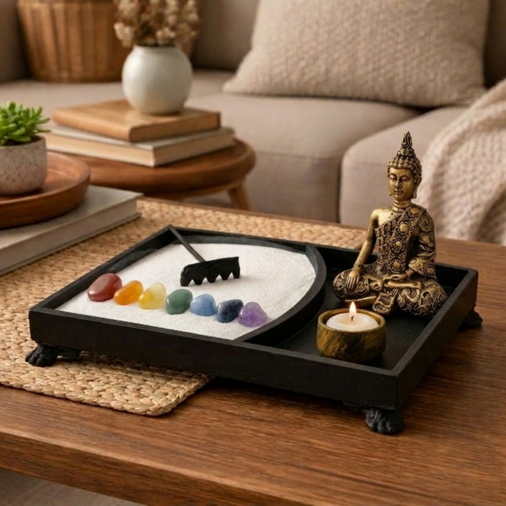 Jardim Zen Decorativo Com Areia Rastelo Porta Vela Buda Pedras Chakra Decoração Relaxante
