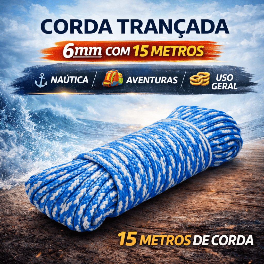 Corda Trançada 6mm 15m Multiuso Amarração Camp Pesca Varal