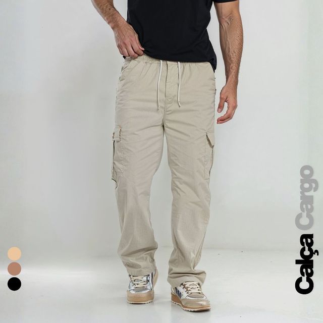 Calça Cargo Masculina Sarja Streetwear Elástico e Cordão 6 Bolsos 34 ao 44 + 3 Cores