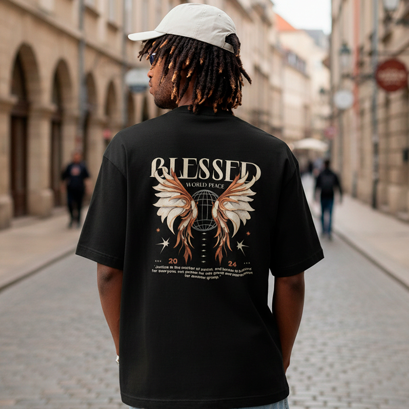 Camiseta Algodão Blessed World Peace Asas Urban Trap Camisa Masculina Streetwear