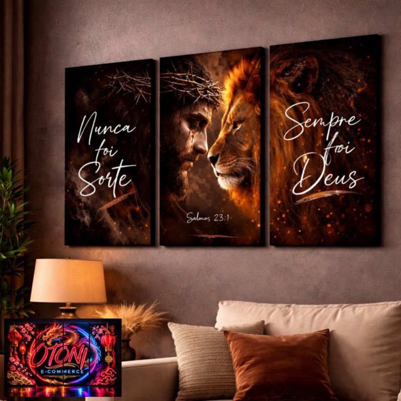 Quadro Decorativo Grande Leão De Judá e Jesus Cristo Religioso Nunca Foi Sorte Sempre Foi Deus 3 Peças 122x60
