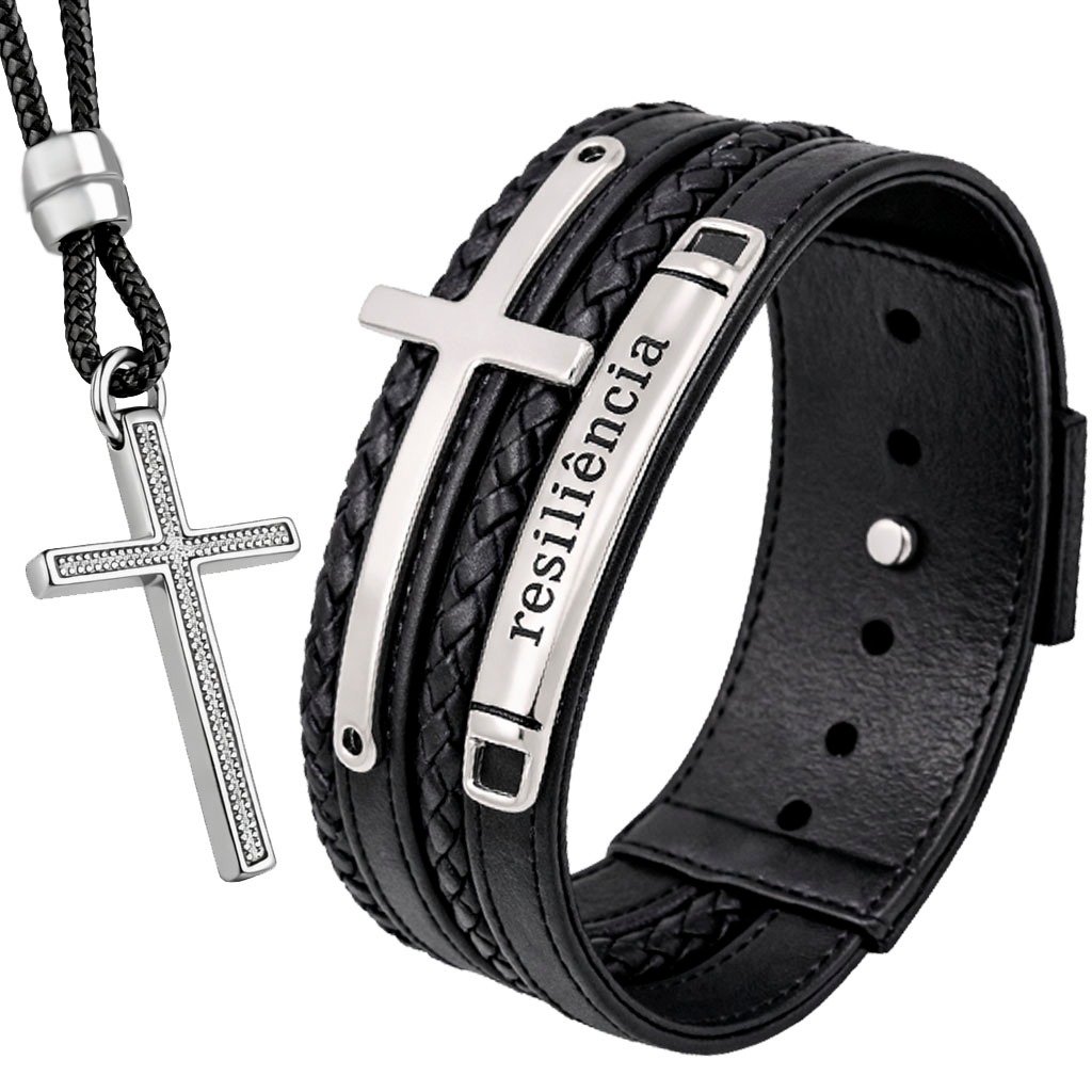 Kit Pulseira de Couro Masculina Cruz Resiliência Proteção Gratidão All Black + Colar Cruz Ajustável