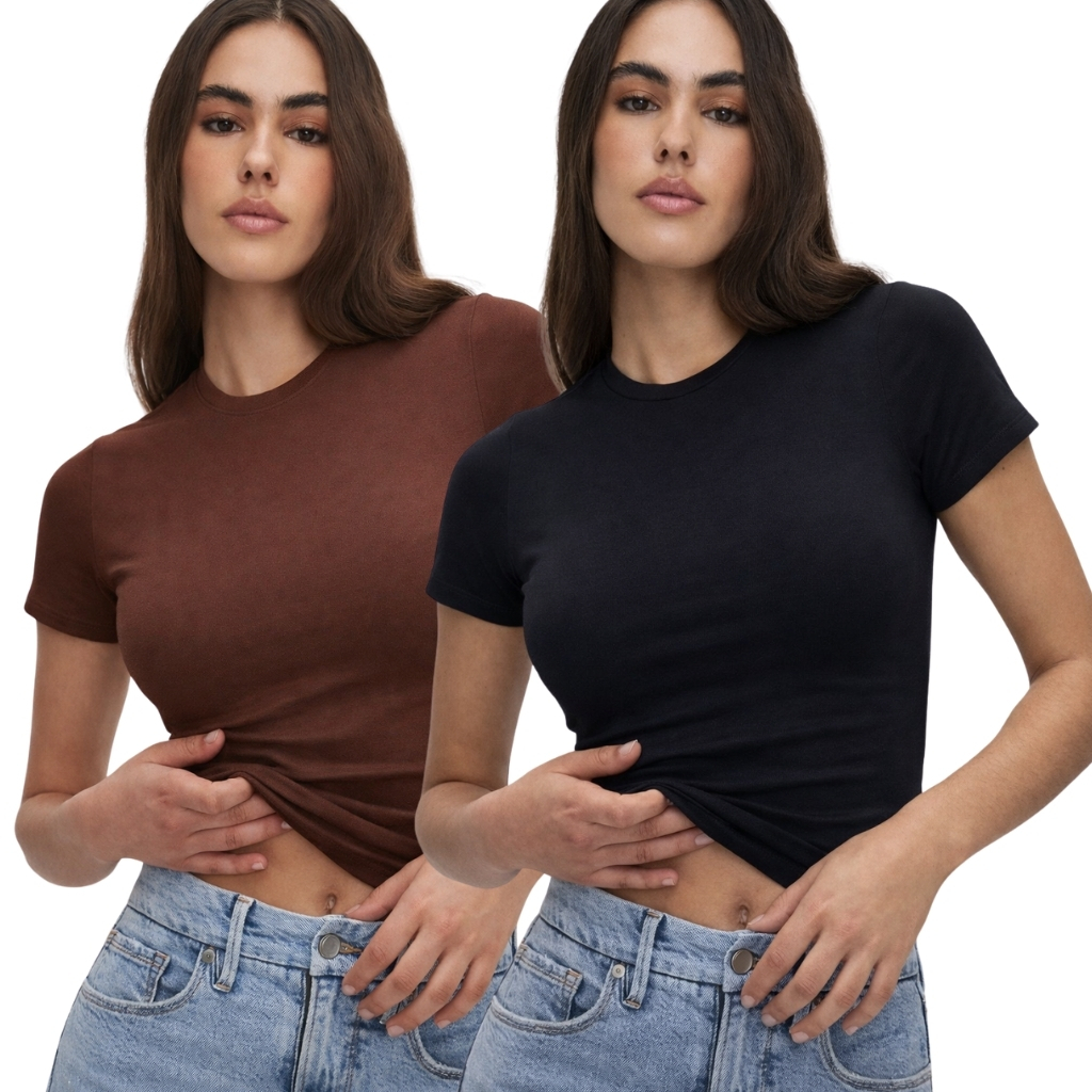 Kit 2 Blusas Baby Tee Feminina Slim Fit Manga Curta Camisa de Compressão em Oferta na Shopee