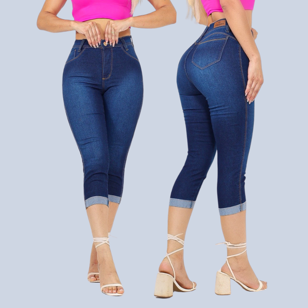 Calça Jeans Feminina Modelo Capri Meia Perna Skinny Cintura Alta Com Lycra Algodão Empina Bumbum