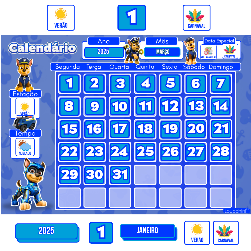 Calendário Educativo Infantil Tema "Chase" com Tags Facilita o Aprendizado no Dia a Dia