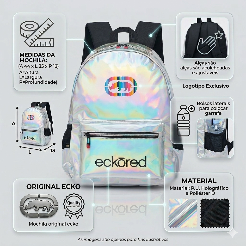 Mochila Ecko Feminina Holográfica Escolar Resistente
