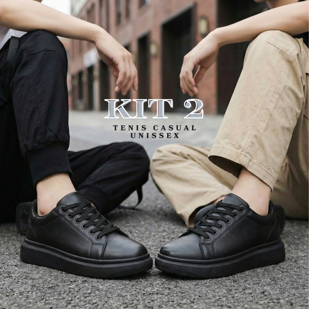 Tênis Casal Kit Sapatenis All Black Feminino Masculino Casual Confortável Versátil Sneaker Tendência