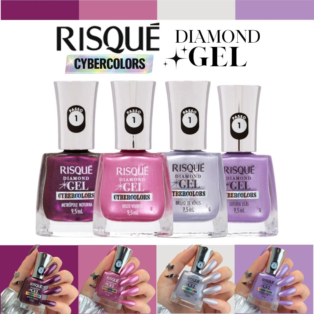 Kit 4 Esmaltes Risqué Diamond Cybercolors Efeito Gel Rosa Lilás Roxo
