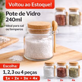 Pote de Vidro 240ml com Tampa Rolha e Colher de Bambu Lyor Saleiro Porta Temperos 1 a 4 Unidades em Oferta na Shopee