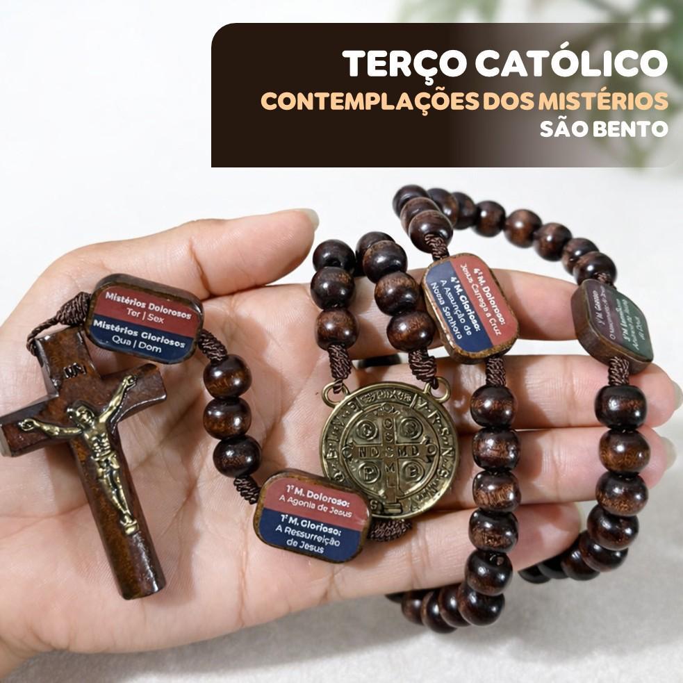 Terço CATÓLICO DE SÃO BENTO Da Contemplação Dos Mistérios Madeira com Medalhas dos Mistérios e Cruz Bronzeada Fé em Oferta na Shopee
