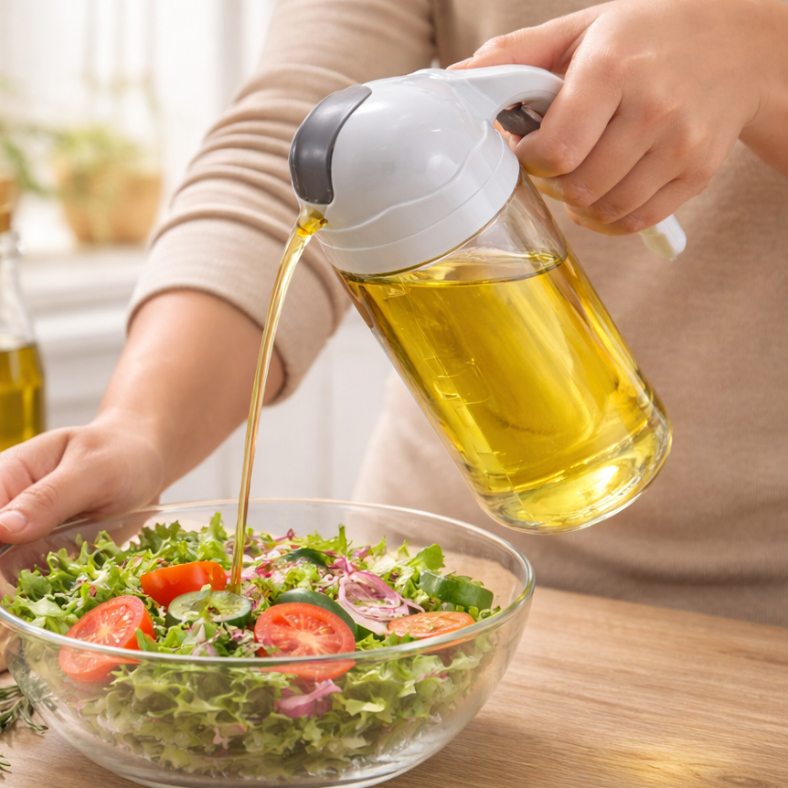 Galheteiro Dispenser de Azeite e Óleo 630ml em Vidro Bico Dosador, Medidor e Tampa Ergonômica