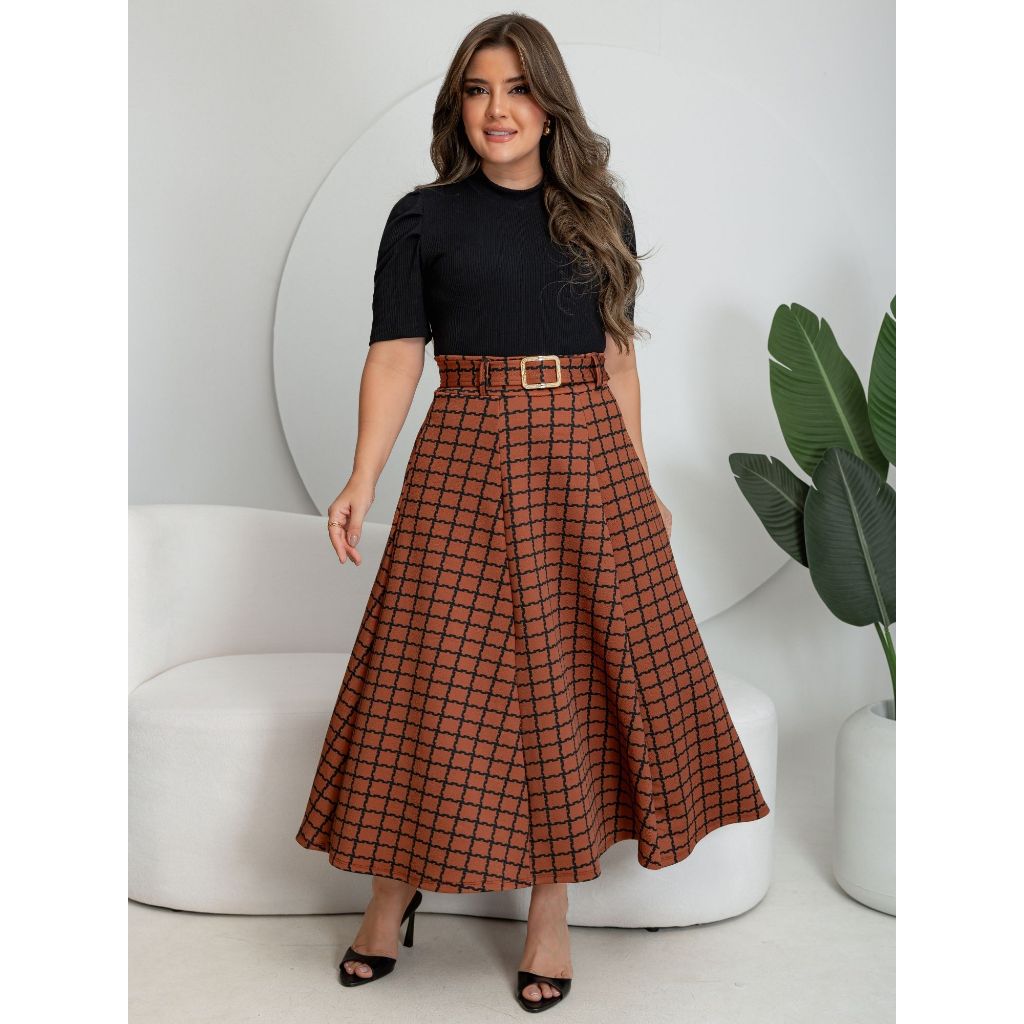 SAIA XADREZ MIDI COM CINTO EM MALHA CREPE MODA EVANGELICA E FEMENINO em Oferta na Shopee