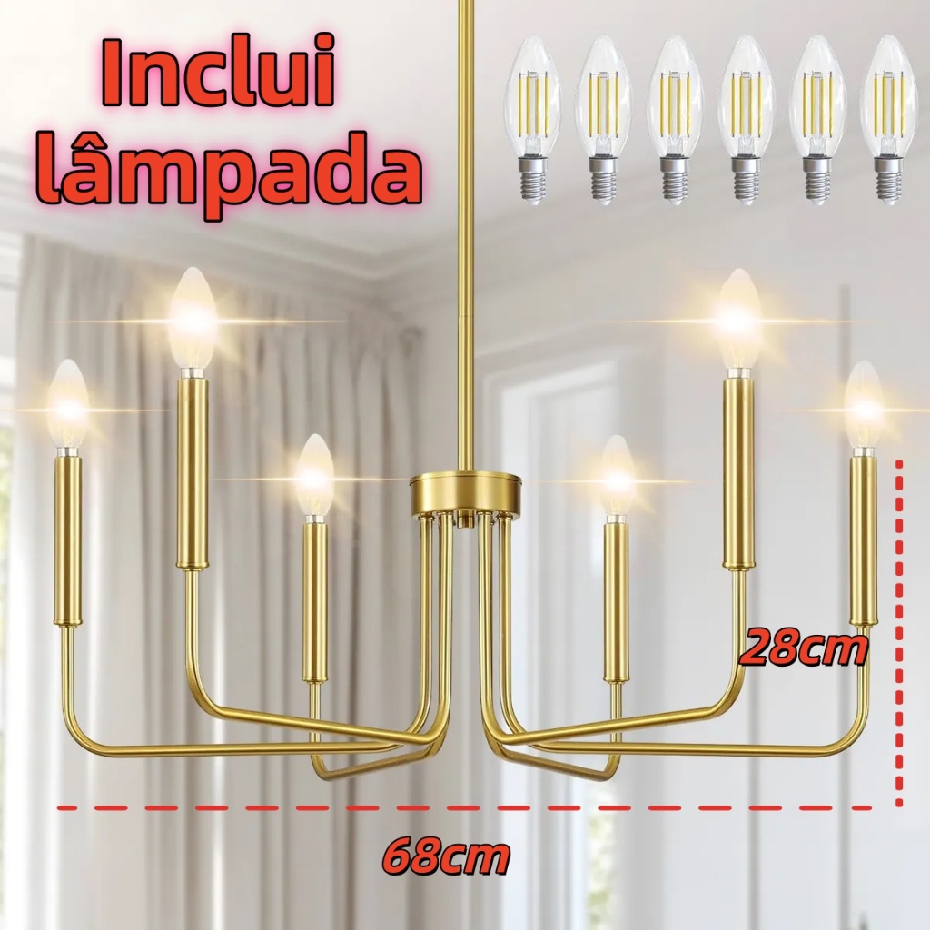 Lustre Vintage Luminária De Teto 6 Lampada Latão Vela 110/220v Ouro/Preto em Oferta na Shopee