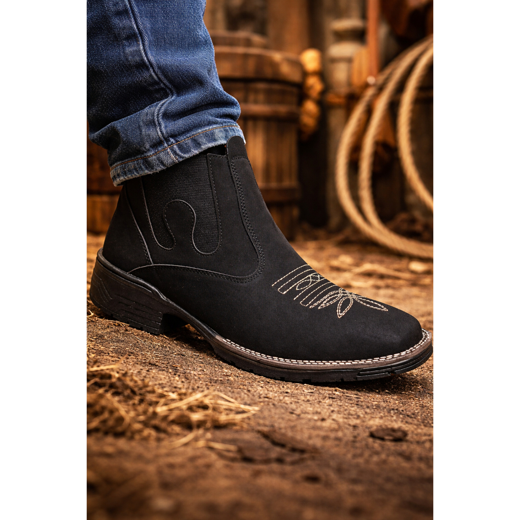 Bota Masculina Botina Texana Country  Rodeio Bota Calce Facil  - Bico Quadrado Bordado