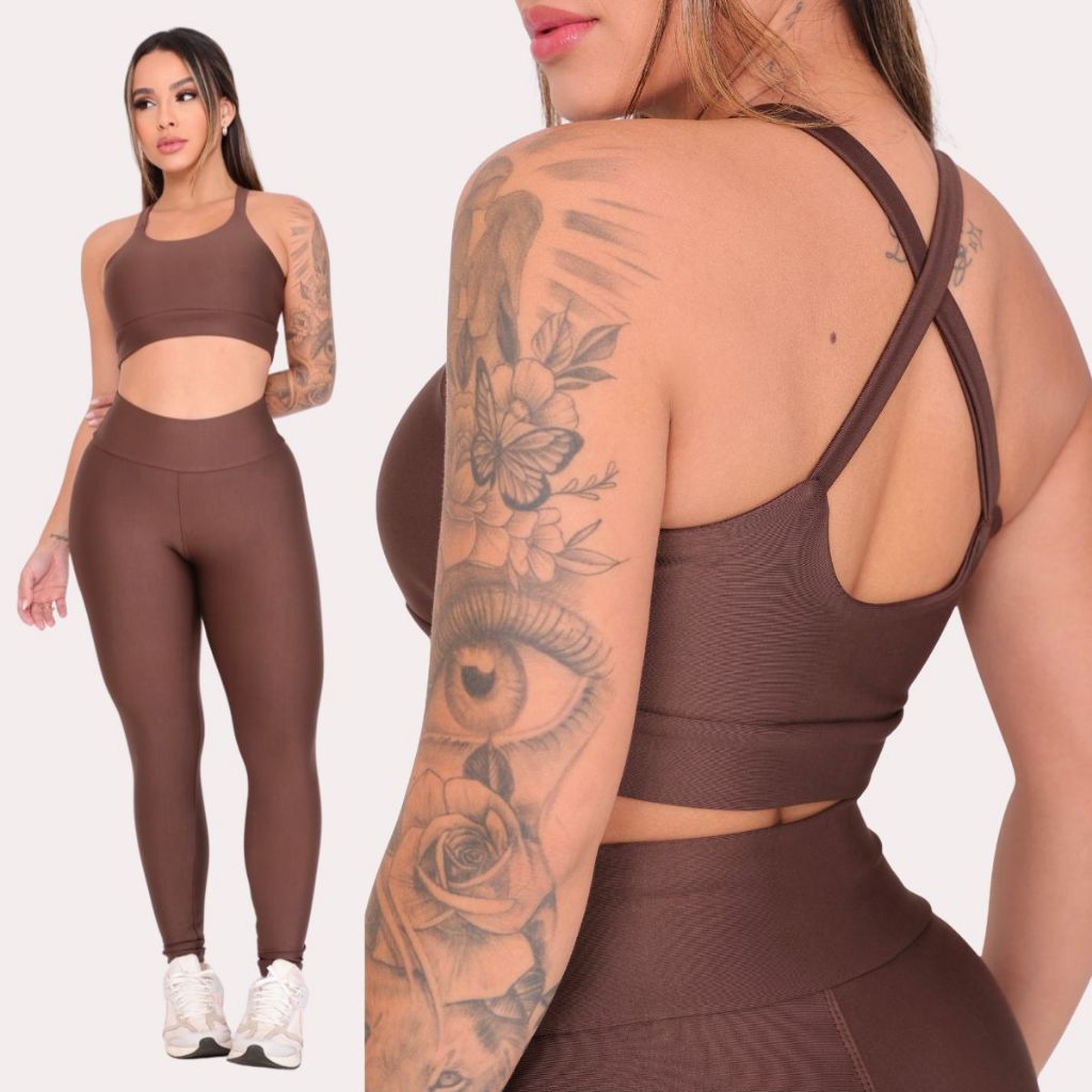 Conjunto Calça Legging Lisa Tradicional + Top Alça Cruzada Fitness Academia — imagem 2 de 2