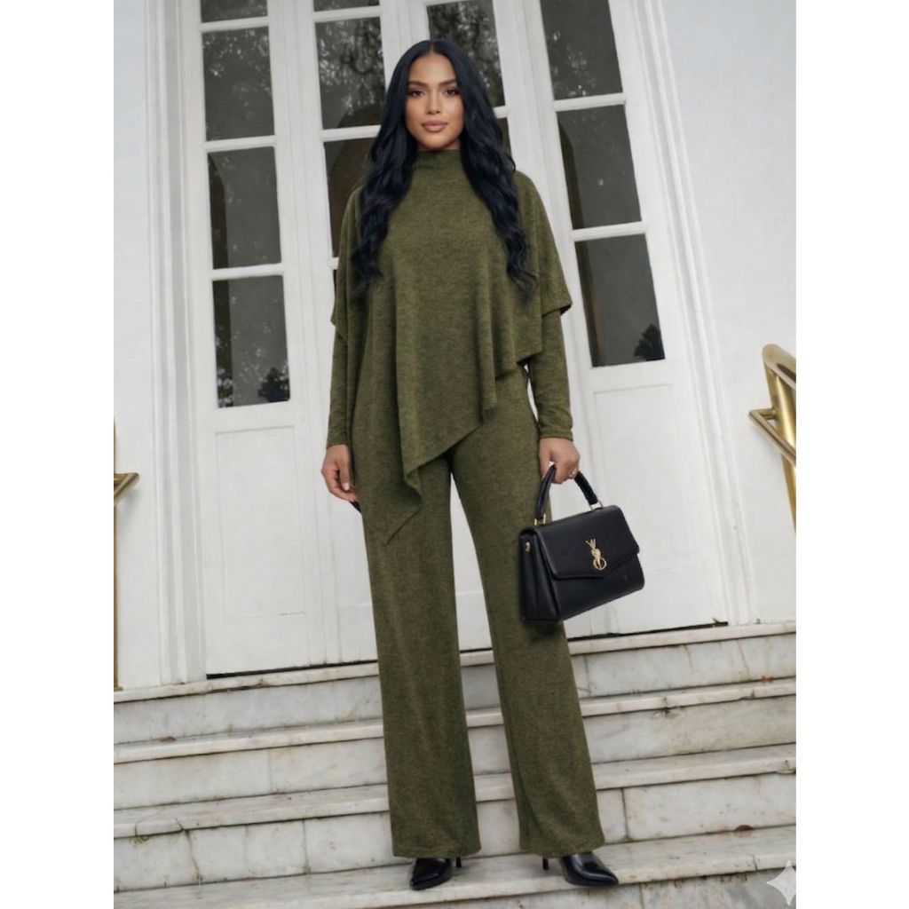 Conjunto de frio Inverno 3 peças, calça + blusa + Poncho Moda Feminina Quentinho Inverno Moderno