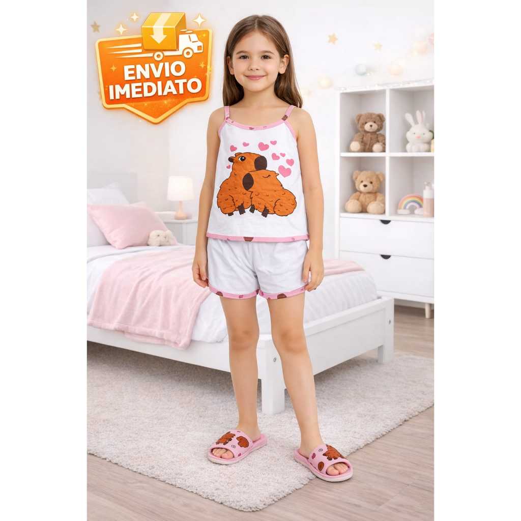 Kit 1 pantufa + 1 Pijama INFANTIL Feminino Alcinha Verão Capivara ROSA Roupa de Dormir Chinelinho de quarto