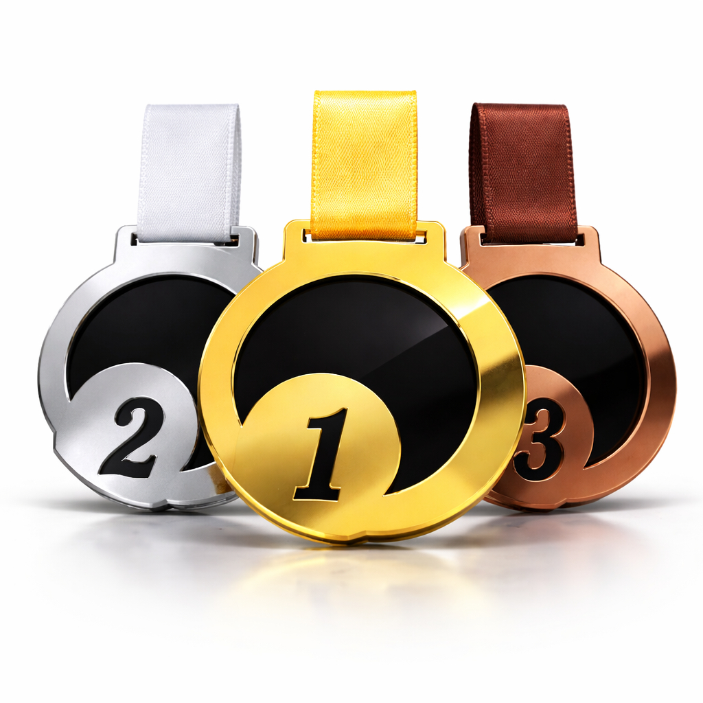 3 Medalhas 1° 2° 3° Lugar Preta Com Detalhe Espelhado Em Acrílico 2mm