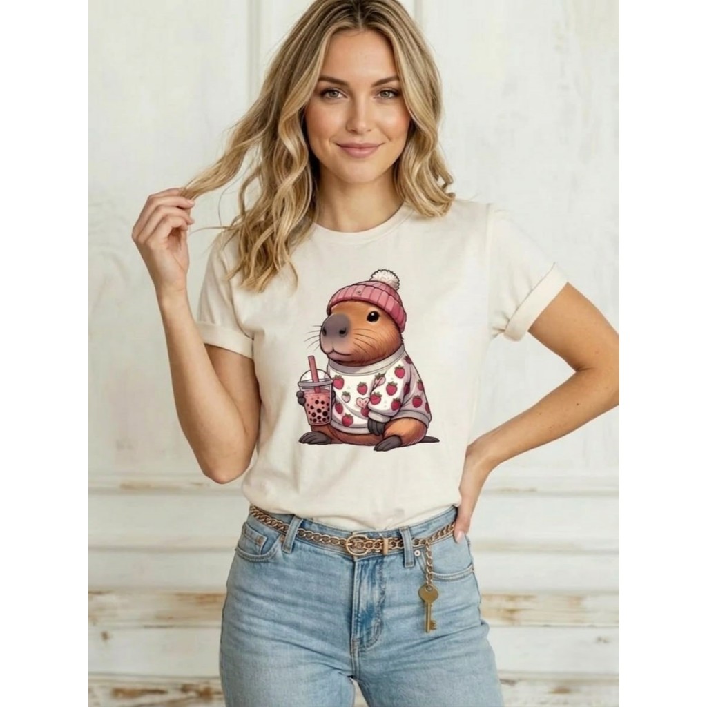 Camiseta Feminina Estampada Capivara Camisa T-shirt Casual Academia Algodão Estilosa e Confortável