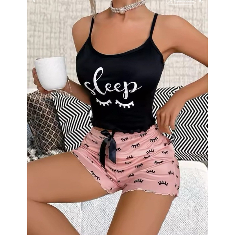 Pijama Feminino com Estampa Sleep sem Mangas, Regata e Short Roupa de Dormir Confortável Poliéster