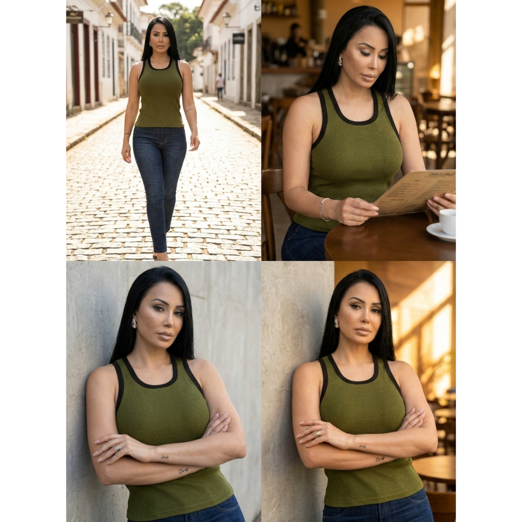 Blusinha Regata Feminina Bicolor Básica Slim Fit Moda Casual Confortável Dia a Dia Tendência Moda