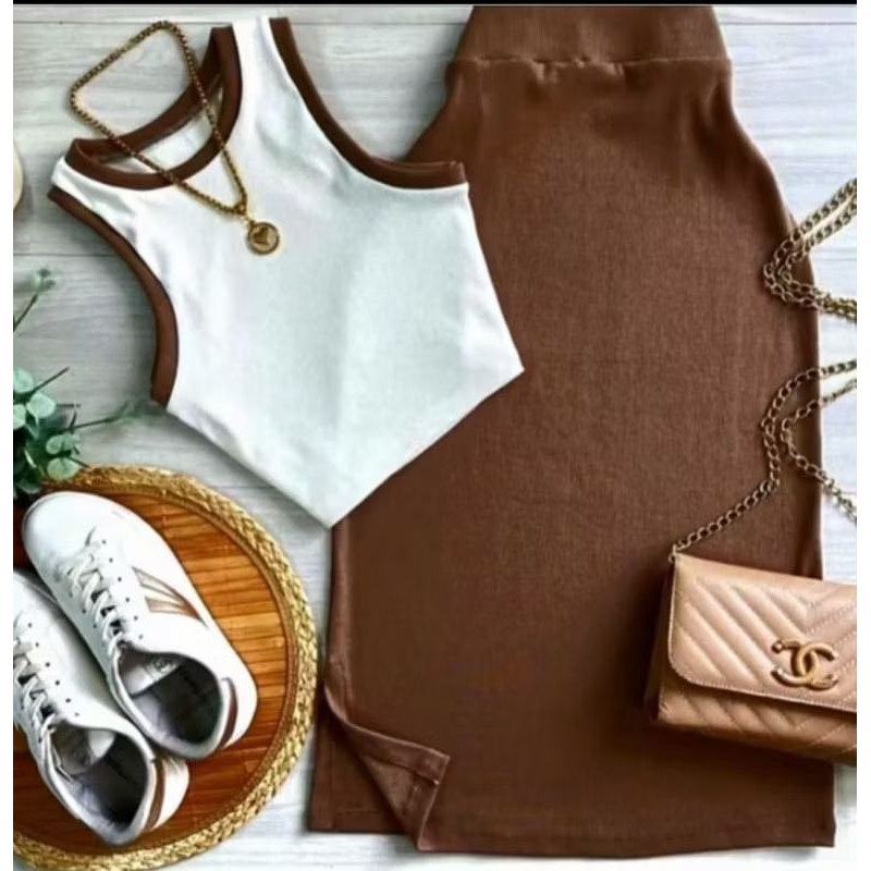 Conjunto Midi regata bicolor e saia Midi fenda lateral justo e casual tendência Ana ruga Canelado