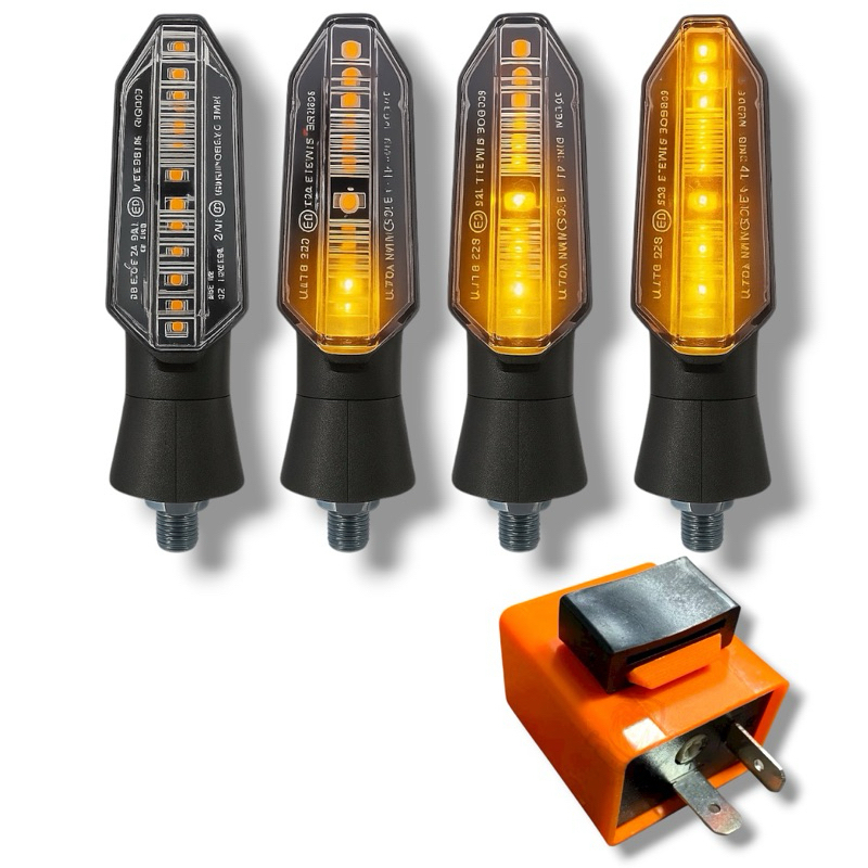 KIT 4 PISCAS MOTO LED SEQUENCIAL + RELE PISCA SETA LED 2 PINOS COM REGULAGEM DE VELOCIDADE UNIVERSAL