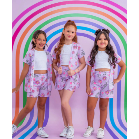 Trijunto Conjunto infantil e juvenil verão menina kimono + blusa croped + short flor tamanho 8 ao 14