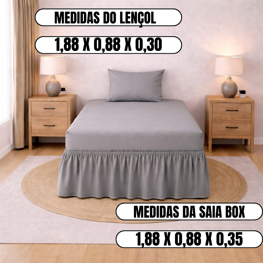 KIT LENÇOL + SAIA PARA CAMA BOX COM ELÁSTICO SOLTEIRO MICROPERCAL 400 FIOS